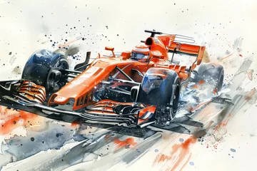 Poster Orange watercolor painting of sport car racing in formula 1 competition © Ema