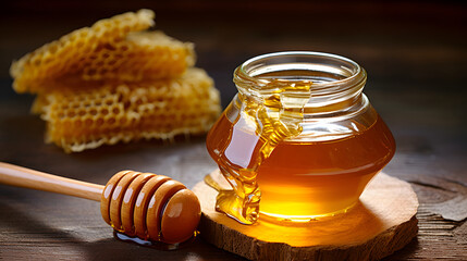 Organic Honey in a Jar with Honeycomb and Wooden Dipper - obrazy, fototapety, plakaty