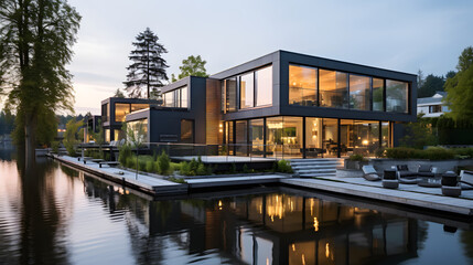 Fototapeta na wymiar Luxurious Modern Waterfront Home at Dusk with Illuminated Interiors