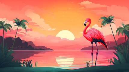 Tropical Flamingo Sunset with Palm Trees Vector Art