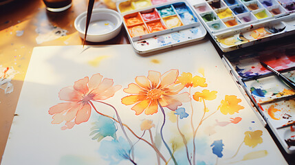 Artist Workspace with Watercolor Floral Art Creation