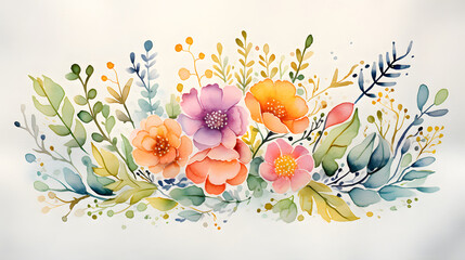 Botanical Watercolor Composition with Colorful Flowers and Foliage
