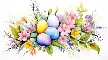 Obraz na płótnie Canvas Spring Watercolor Composition with Easter Eggs and Flowers on White Background