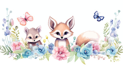 Watercolor floral border and wild animals illustration