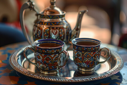 Moroccan Tea cups on silver tray with authentic tea pot