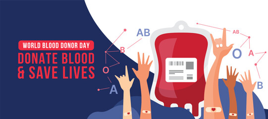 World blood donor day, Donate blood save live - Large blood bag and raised blood donor hands vector design
