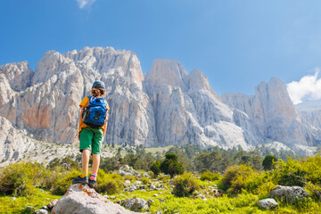 Fototapeta premium hiking in the mountains. A little boy with a backpack walks along a path against a backdrop of mountains with his back to the camera.