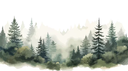 Fotobehang Watercolor woodland illustration forest tree and fog © Nobel