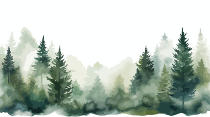 Watercolor woodland illustration forest tree and fog