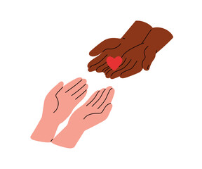 Hands giving heart, sharing love. Volunteer donating, helping, supporting. Charity, humanitarian aid, assistance, hope and donation concept. Flat vector illustration isolated on white background