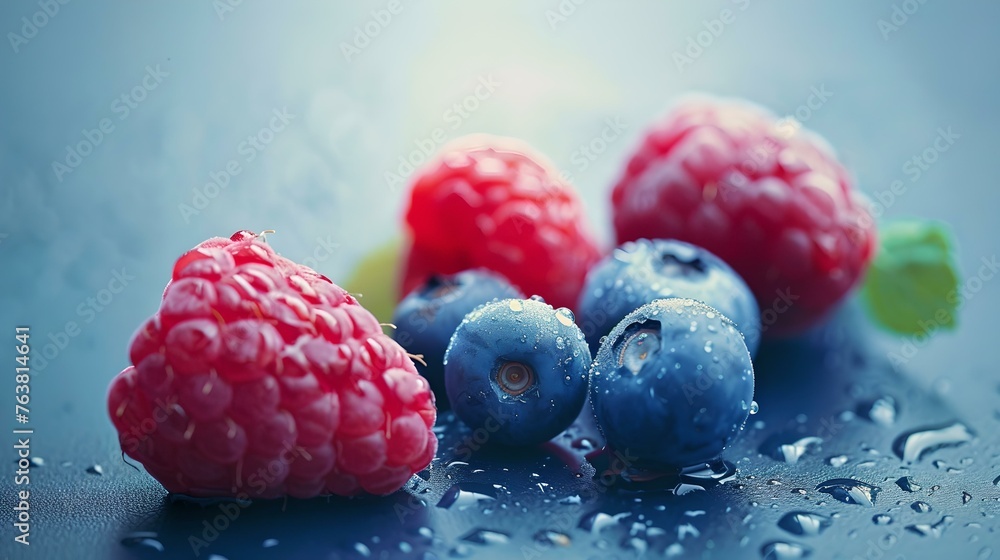 Sticker Fresh raspberries and blueberries with dew drops. vibrant, healthy food concept with natural lighting. perfect for culinary use. AI