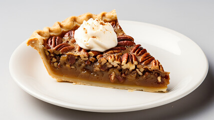 A slice of classic pecan pie with a buttery flaky crus