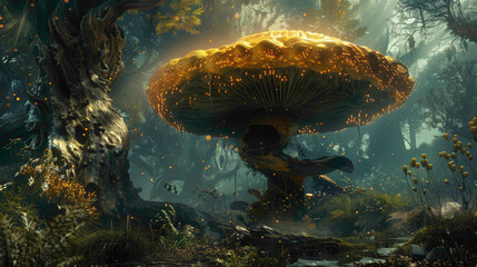 Fototapeta na wymiar Mushrooms in the forest. Mushroom. Fantasy glowing mushrooms in mystery dark forest closeup view.