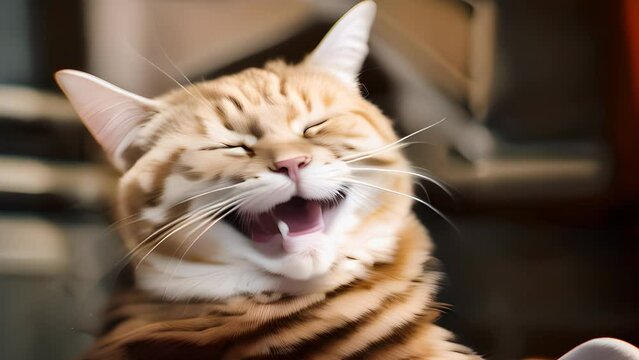Funny cat laughing. Happy and kind relaxed kitten face with happy satisfied smile