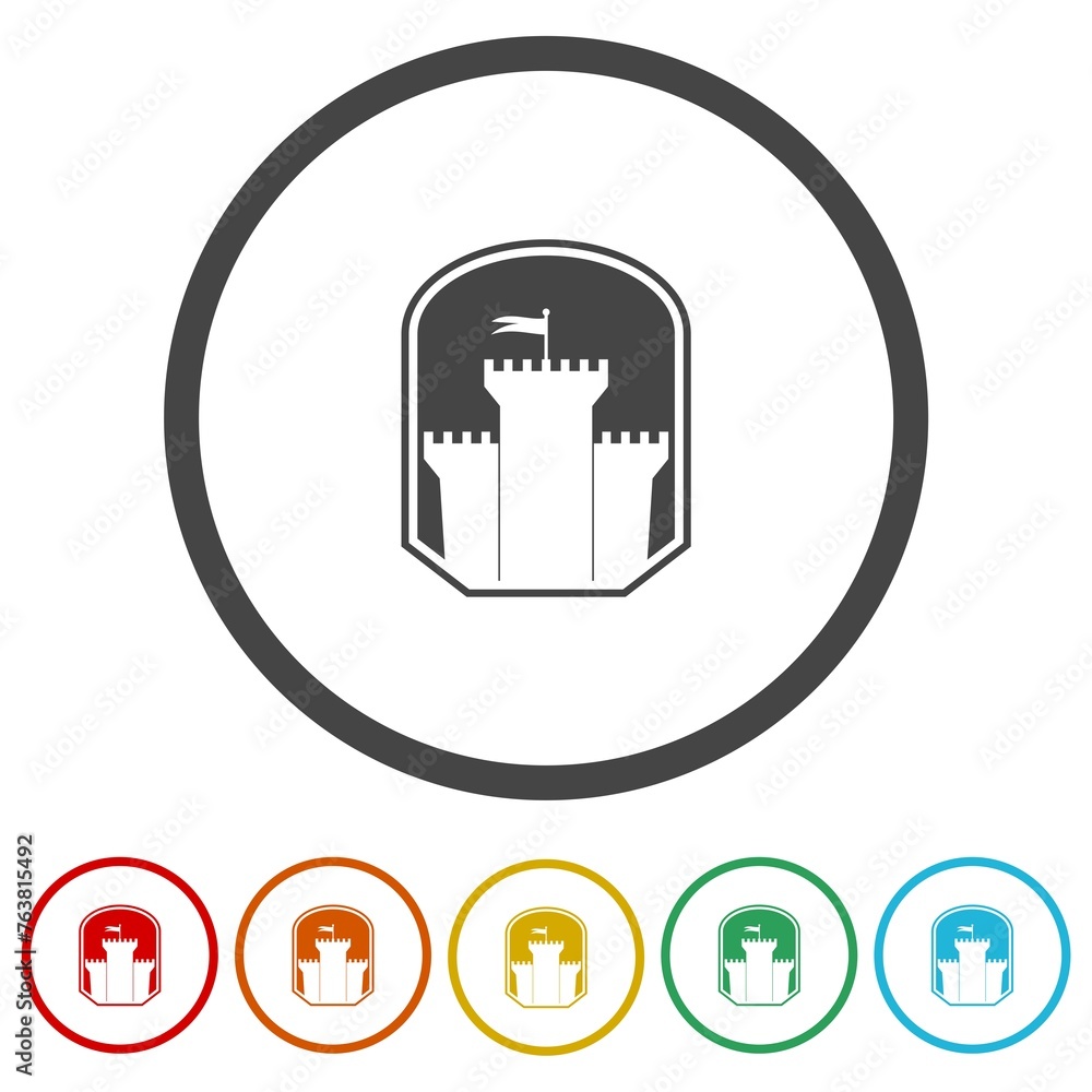 Poster castle and shield logo. set icons in color circle buttons