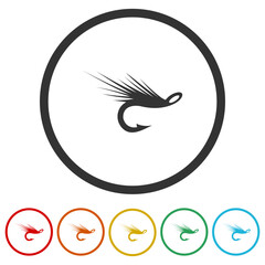 Fly fishing hook logo. Set icons in color circle buttons