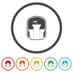 Castle and shield logo. Set icons in color circle buttons