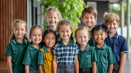Happy diverse junior school students children group looking at camera standing in school. Smiling multiethnic cool kids boys and girls friends posing for group portrait together.