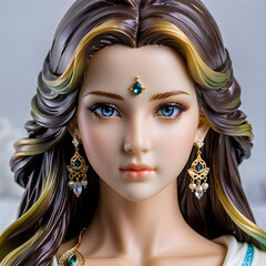 Meticulously crafted resin fantasy statue of a captivating foreign girl with loose hair, beautiful eyes, and a mysterious pose exuding allure.(Generative AI)
