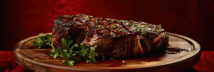 An advertising shoot, a juicy large royal steak lying appetizingly on a wooden stand with seasonings and salad, a banner
