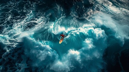 Dynamic aerial perspective of a surfer performing on a towering ocean wave.