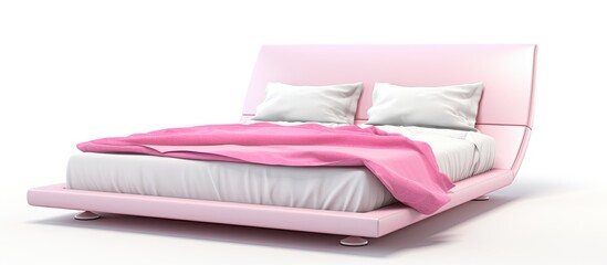 A bed in a tidy arrangement with pink and white sheets and multiple pillows placed on top