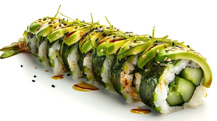 Delicious sushi roll adorned with avocado slices on a white background. perfect for menu visuals. fresh, healthy meal choice in modern cuisine. AI