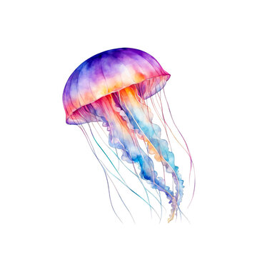 Jellyfish watercolor painting, glowing colorful jellly fish, marine animal, vector illustration, clipart, cute adorable, aquarium, for craft projects, invitation
 cards, cut out on white background