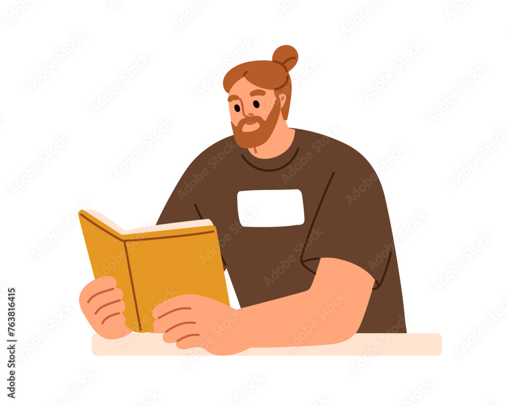 Poster man reading paper book, holding novel in hand. student sitting at library desk, studying, learning. 