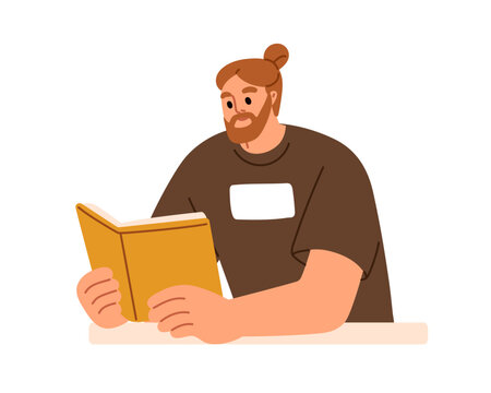 Man reading paper book, holding novel in hand. Student sitting at library desk, studying, learning. Reader at leisure time with literature. Flat vector illustration isolated on white background