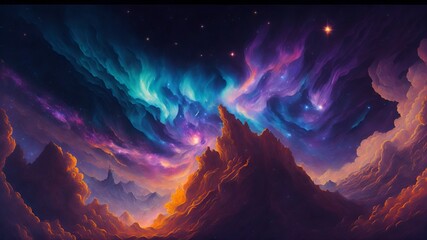  A surreal cosmic scene with colorful stars, nebulas, and galaxies painting the sky.