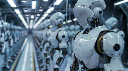 close up view of a robot, A futuristic robot assembly line with robots working collaboratively 