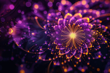 purple mandala with gold threads on a dark background with bokeh with copy space from left 