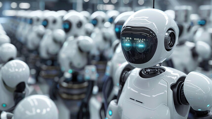 Fototapeta premium robot on the wall, A futuristic robot assembly line with robots working collaboratively 