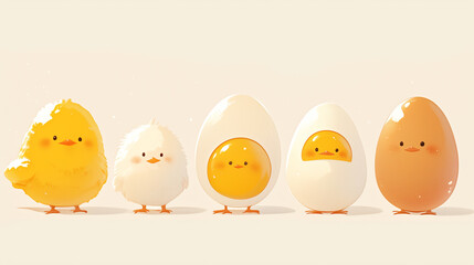 Playful illustration features a sunny side up egg with a shiny yolk next to a smiling cracked eggshell, evoking a sense of breakfast fun. - obrazy, fototapety, plakaty