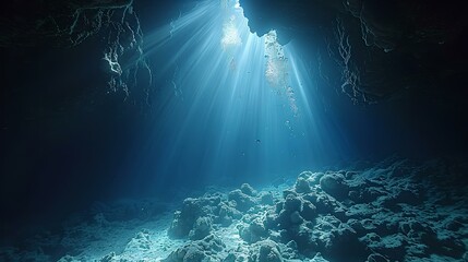 Mystical underwater landscape illuminated by sunbeams. a tranquil sea scene with light penetration. perfect for background or environment concept. AI