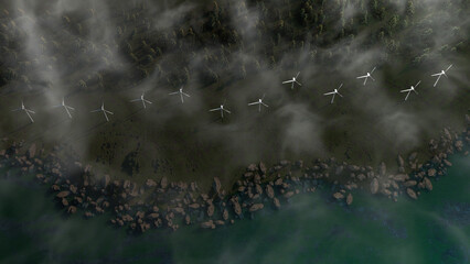 A series of wind turbines are seen in the distance