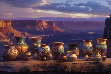 Picture a captivating display of Southwestern pottery arranged on a ledge against a backdrop of sweeping desert vistas. - obrazy, fototapety, plakaty