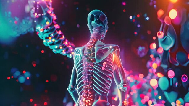 Human skeleton with glowing DNA helix and spine. Futuristic medical research concept.