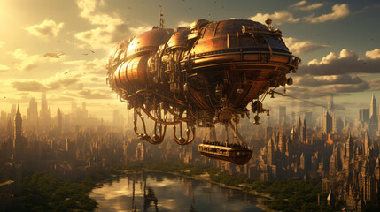 A steampunk airship floating above a city skyline.