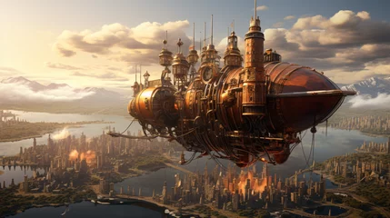 Fotobehang A steampunk airship floating above a city skyline. © franklin