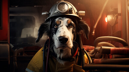 Alert dog in firefighter uniform, representing rescue services and pet bravery, ideal for use in safety campaigns, emergency training materials, and pet-related advertising.