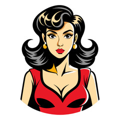 Red-dressed girl and woman with striking fashion, hair, and beauty, illustrated in a vibrant vector drawing embodying style and glamour