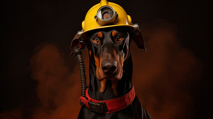 Portrait of a Doberman Pinscher dressed as a firefighter, with a helmet and reflective jacket, ideal for pet services and emergency awareness campaigns.