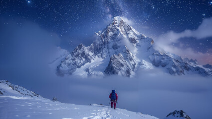 A majestic alpine peak under the starry sky, with climbers ascending, highlighting the vastness and...