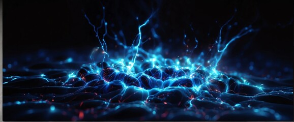 Blue pure energy with electrical electricity plasma power fusion on plain black background from Generative AI - obrazy, fototapety, plakaty