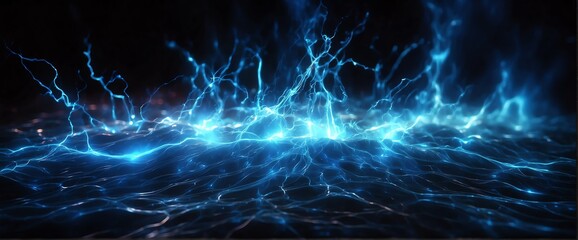 Blue pure energy with electrical electricity plasma power fusion on plain black background from Generative AI - obrazy, fototapety, plakaty