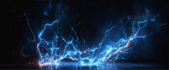Blue pure energy with electrical electricity plasma power fusion on plain black background from Generative AI