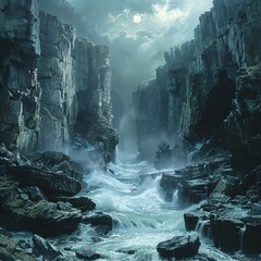 A stark depiction of a mountain ravine, with a rushing river carving through ancient rocks, showcasing natures power and timelessness