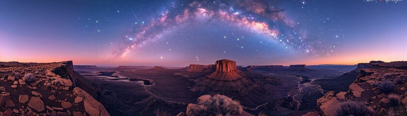 An ethereal night scene on a secluded mountain plateau, with a clear view of the Milky Way arching...